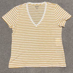 Madewell Top Womens L Striped Yellow White V-Neck Short Sleeve Size Large